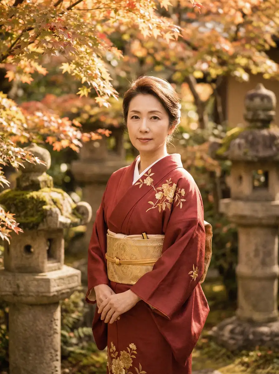 一位身穿暗红色和服的优雅 里番-里番动漫最新创作与精选视频|里番 在日式庭院中